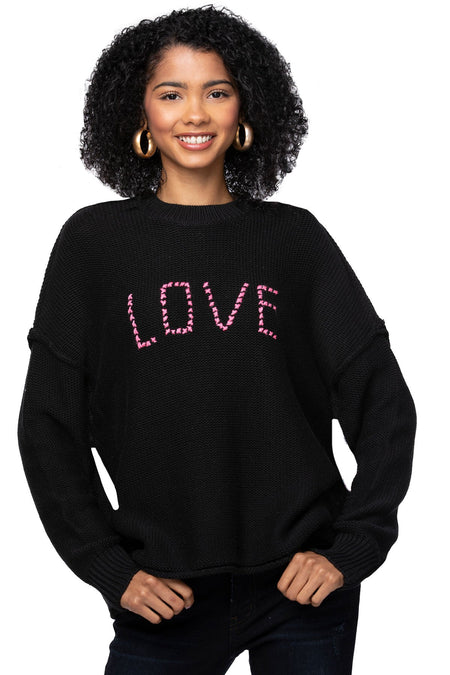 Chunky Cotton Blend Pullover - Black with "Salty Beach" hand embroidery
