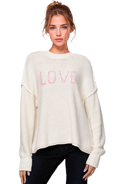 Subtle Luxury Sweater Inside Out Crew / S/M / Ivory w/ LOVE embroidery Chunky Cotton Blend Pullover Sweater- Cross Stitch "Love" hand embroidery
