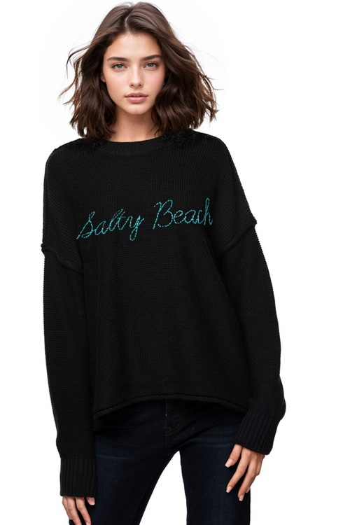 Subtle Luxury Sweater Inside Out Crew / XS/S / Black w/Salty Beach embroidery Chunky Cotton Blend Pullover - Black with "Salty Beach" hand embroidery