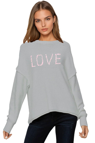 Subtle Luxury Sweater Inside Out Crew / XS/S / Morning Mist Grey w/LOVE Embroidery Chunky Cotton Blend Pullover Sweater- Cross Stitch "Love" hand embroidery