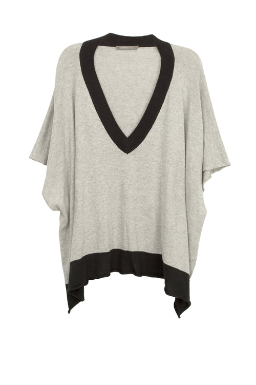 Subtle Luxury Sweater One Size / Heather Grey w/Black Trim / 90% Cotton/10% Cashmere Oversized Border V-Neck Knit Poncho wrap in Cotton/Cashmere