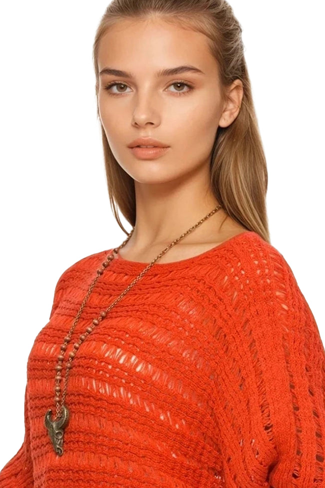 Subtle Luxury Sweater One Size / Orange Open Stitch Novelty Boatneck Sweater Knit