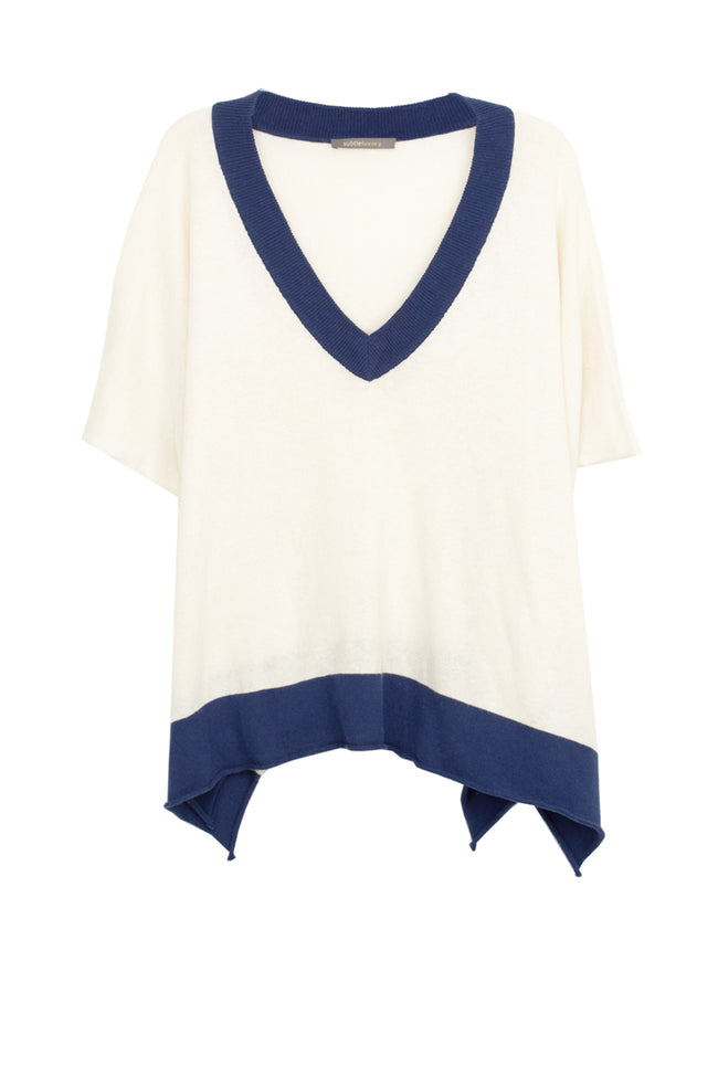 Subtle Luxury Sweater One Size / Parchment w/Denim Trim / 90% Cotton/10% Cashmere Oversized Border V-Neck Knit Poncho wrap in Cotton/Cashmere