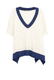 Subtle Luxury Sweater One Size / Parchment w/Denim Trim / 90% Cotton/10% Cashmere Oversized Border V-Neck Knit Poncho wrap in Cotton/Cashmere