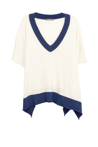 Subtle Luxury Sweater One Size / Parchment w/Denim Trim / 90% Cotton/10% Cashmere Oversized Border V-Neck Knit Poncho wrap in Cotton/Cashmere