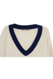 Subtle Luxury Sweater Oversized Border V-Neck Knit Poncho wrap in Cotton/Cashmere