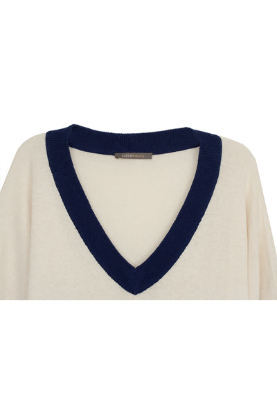Subtle Luxury Sweater Oversized Border V-Neck Knit Poncho wrap in Cotton/Cashmere