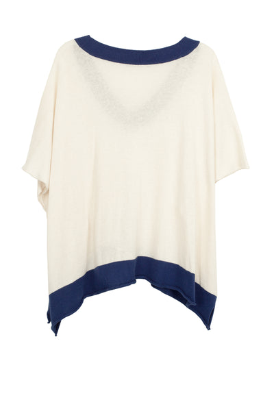 Subtle Luxury Sweater Oversized Border V-Neck Knit Poncho wrap in Cotton/Cashmere
