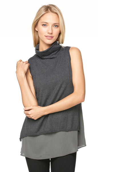 Subtle Luxury Sweater S/M / Charcoal Layered Sleeveless Mock Neck Sweater with Silk Woven