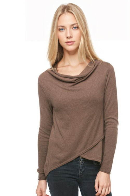 Subtle Luxury Sweater S/M / Mock Neck Back Panel Insert in Walnut Cross Over Mock Neck Mixed Media Back Panel Sweater