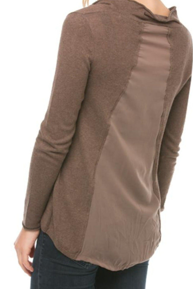 Subtle Luxury Sweater S/M / Mock Neck Back Panel Insert in Walnut Cross Over Mock Neck Mixed Media Back Panel Sweater