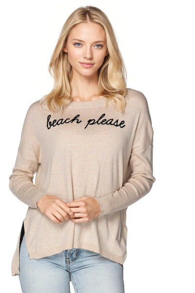 Subtle Luxury Sweater S/M / Oatmeal-Black / Beach Please Jane Drop Shoulder Crewneck Sweater with Embroidery