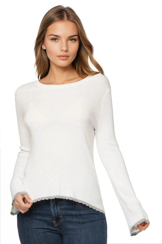 Subtle Luxury Sweater S/M / White/Smoke / Zen Blend Charlotte Scallop Edge Sweater Zen Blend Crewneck Pullover
