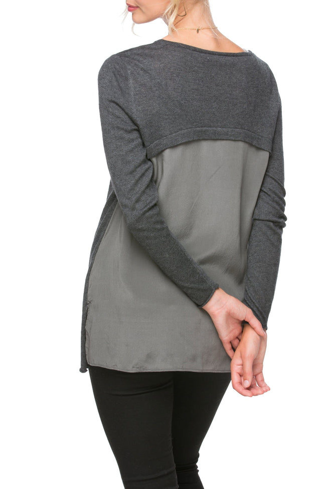 Subtle Luxury Sweater Silk Panel Crew Neck Sweater | mixed media