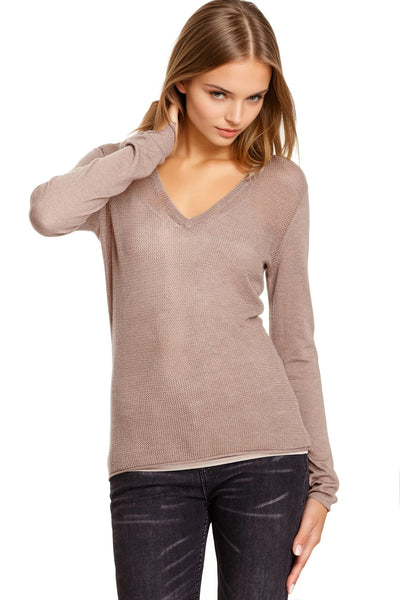 Subtle Luxury Sweater V-Neck Sweater | Open Knit Stitch Sheer Front | Tencil - Cashmere Blend Knit