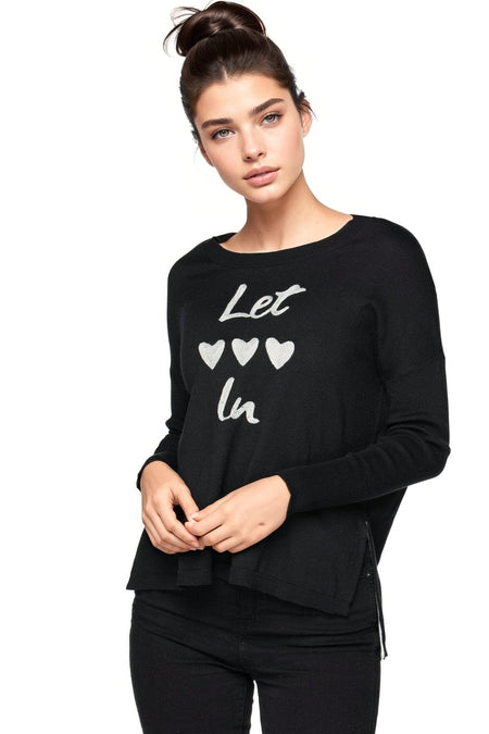 Chunky Cotton Blend Pullover Sweater - Black with "LOVE" hand embroidery