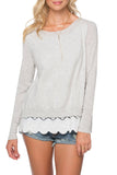 Subtle Luxury Sweater XS/S / Fog w/Scalloped Floral woven shirting Boat Neck Sweater | Mixed Media Knit w/Eyelet Woven | Subtle Luxury