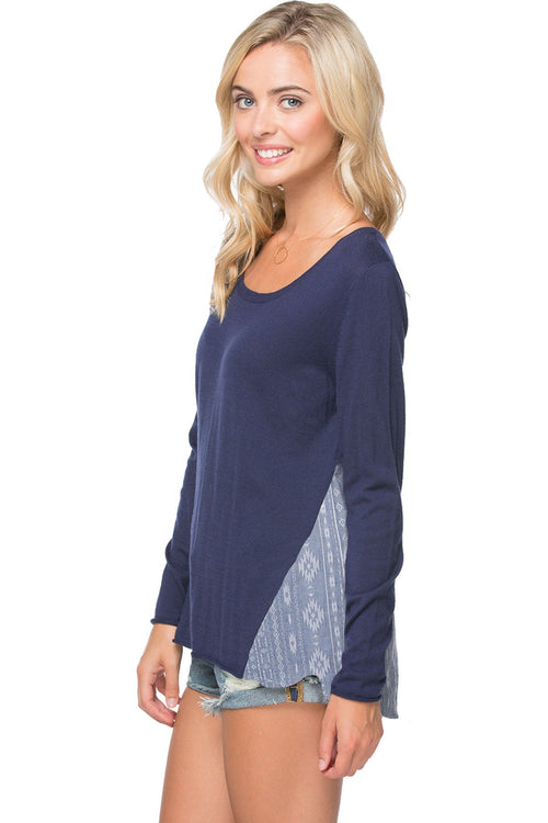 Subtle Luxury Sweater XS/S / Nightfall w/Aztec Jacquard Woven Sweater Cross Back Pullover Sweater Knit - with Woven Mix Panels