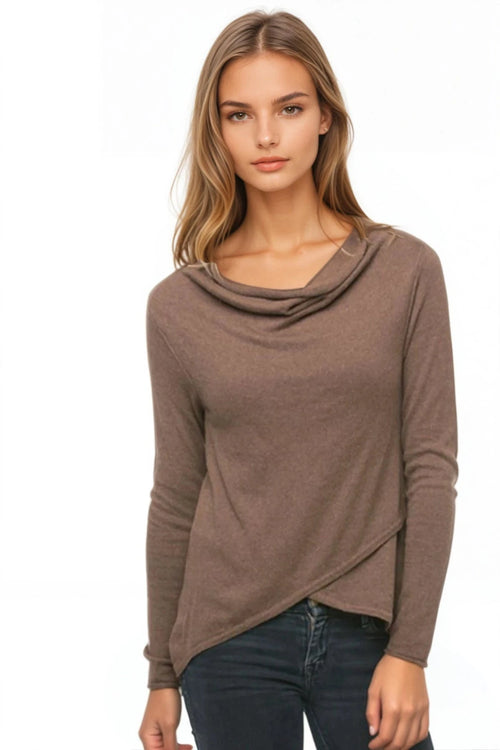 Subtle Luxury Sweater XS/S / Walnut Cross Over Mock Neck Mixed Media Back Panel Sweater