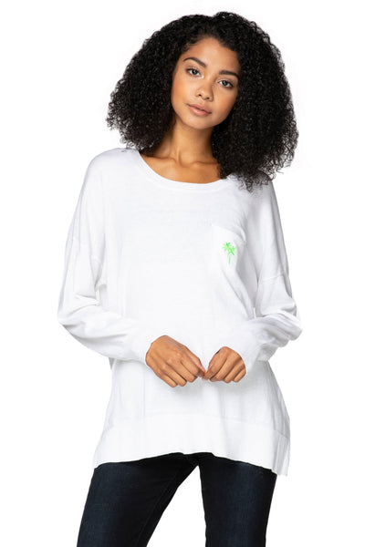 Subtle Luxury Sweater XS/S / White / Neon Green Palm Tree Zen Patricia Pocket Pullover Sweater with Palm Embroidery