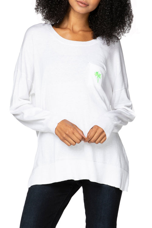 Subtle Luxury Sweater XS/S / White / Neon Green Palm Tree Zen Patricia Pocket Pullover Sweater with Palm Embroidery