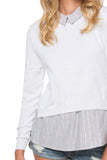 Subtle Luxury Sweater XS/S / White w/Dove Stripe shirting Layered Collar Shirt - Vintage Mixed Media Sweater Knit All in One