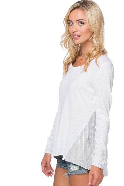 Subtle Luxury Sweater XS/S / White w/Dove Stripe shirting Sweater Cross Back Pullover Sweater Knit - with Woven Mix Panels