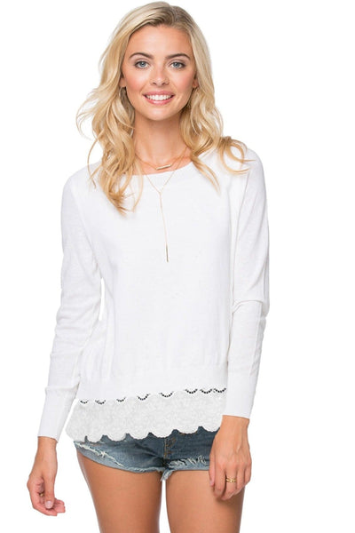 Subtle Luxury Sweater XS/S / White w/Scalloped Floral  woven shirting Boat Neck Sweater | Mixed Media Knit w/Eyelet Woven | Subtle Luxury