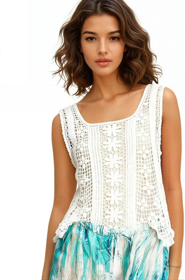 Subtle Luxury Tanks M/L / White / Cluny Lace Almost Vintage Boho Crochet-Look Lace Tank