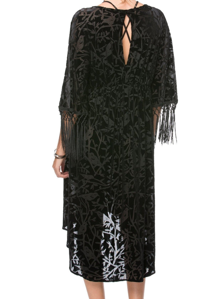 Subtle Luxury Tassel Dress Stevie Dress in Cut Work Stretch Velvet in Wild Bird Noir Pattern