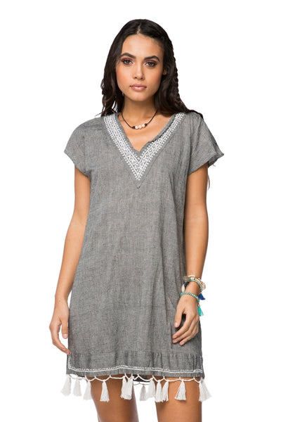 Subtle Luxury Tassel Dress XS/S / Charcoal / 100% Cotton Chambray Fringe Tassel Dress in Solid Chambray - Charcoal