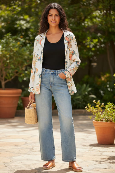 Long Sleeve Piper Button Front Shirt - Soft Bouquet Print