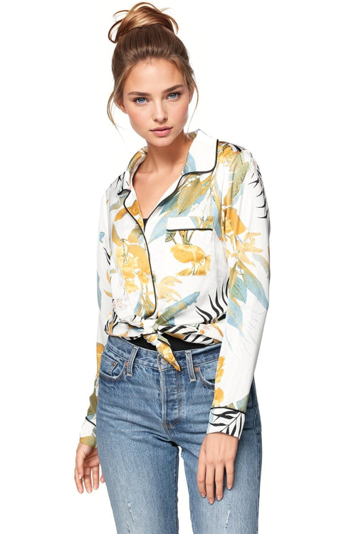 Subtle Luxury Top Bed to Brunch Piper Shirt / S/M / White Bed to Brunch Piper Shirt | Tropical Garden Print | Subtle Luxury