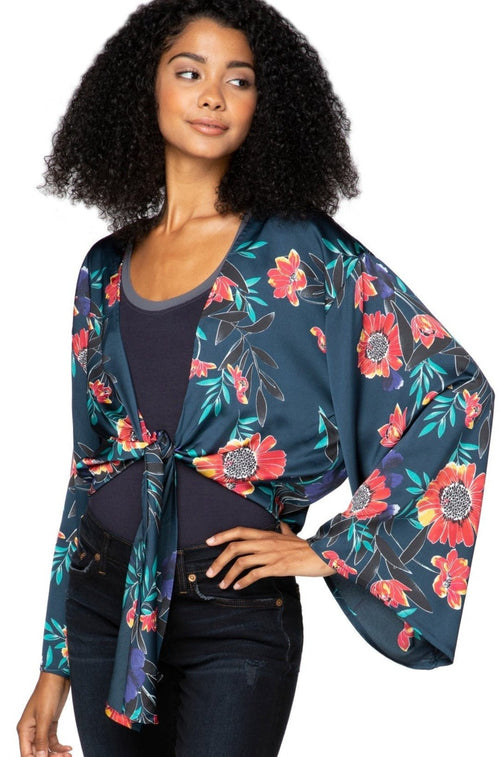 Subtle Luxury Top Bed to Brunch Tie Wrap Long Top / XS/S / Navy - Summer Bloom Bed to Brunch Tie Wrap Long Top in Summer Bloom