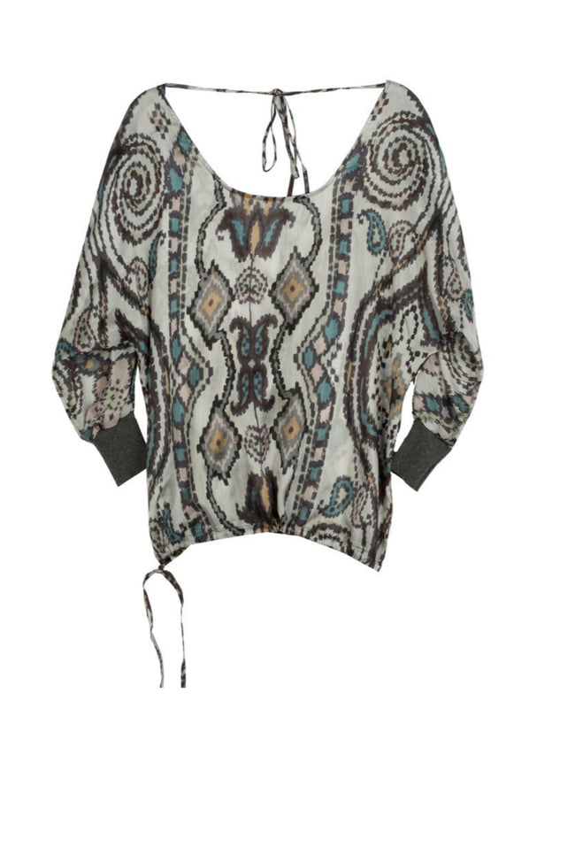 Subtle Luxury Top XS/S / Boheme Platinum 100% Silk Print Top with Sweater Rib Cuffs