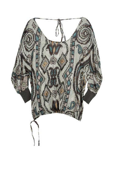 Subtle Luxury Top XS/S / Boheme Platinum 100% Silk Print Top with Sweater Rib Cuffs