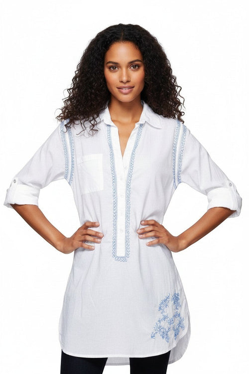 Subtle Luxury white cotton boyfriend shirt with electric blue hand-stitched embroidery and rolled sleeves