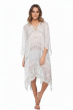 Subtle Luxury white sheer kaftan cover-up with metallic geometric print, V-neck, crochet detail, and tassel ties.