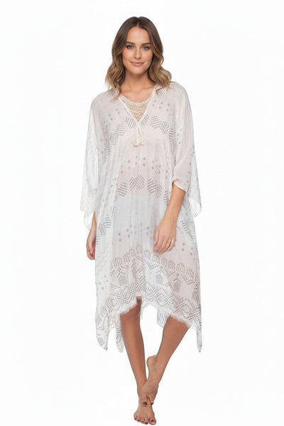 Subtle Luxury white sheer kaftan cover-up with metallic geometric print, V-neck, crochet detail, and tassel ties.