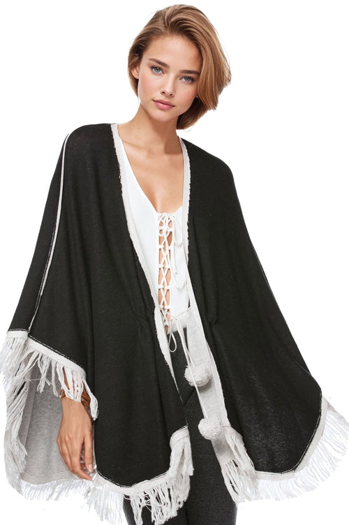Subtle Luxury Wrap One Size / Surf/Black Double Knit Poncho w/ Fringe - Zen Blend