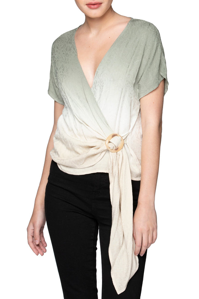Subtle Luxury Wrap Top S/M / Avocado/Oyster Dip Dye / 100% Rayon All Wrapped Tie Front Top - Ombre