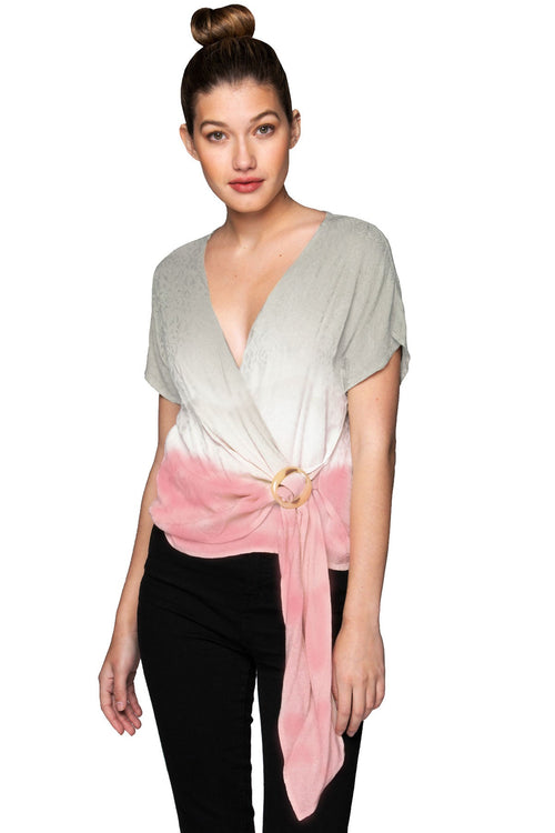 Subtle Luxury Wrap Top S/M / Oyster/Watermelon Dip Dye / 100% Rayon All Wrapped Tie Front Top - Ombre
