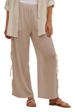 subtle luxury  Cotton Lurex Stripe Gauze Drawstring Side Tie Beachside Pant tan color