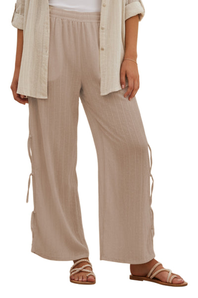 subtle luxury  Cotton Lurex Stripe Gauze Drawstring Side Tie Beachside Pant tan color
