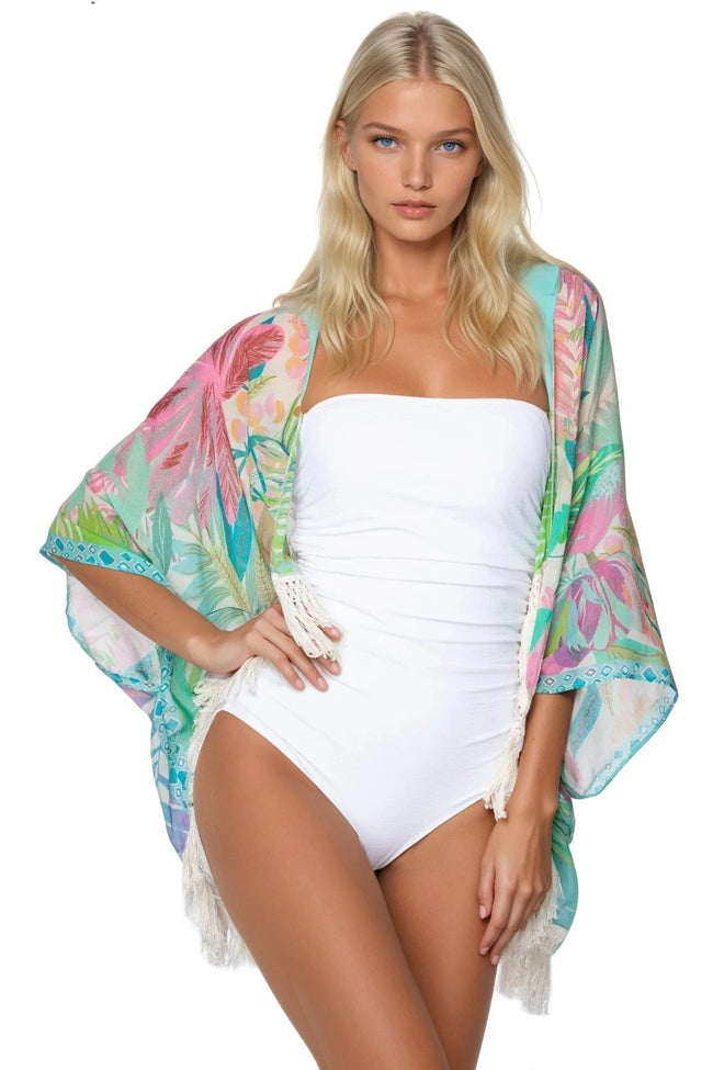 Tropical Floral Prints in Cropped Fringe Kimono - Subtle Luxury