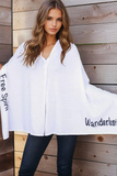 Zen Blend Poncho Sweater One Size / White-Black | Free Sprit + Wanderlust Zen Blend Poncho Convertible Wrap with Stitched Embroidery Sayings
