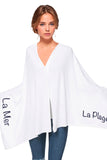 Zen Blend Poncho Sweater One Size / White-Nightfall | La Mer + La Plage Zen Blend Poncho Convertible Wrap with Embroidery