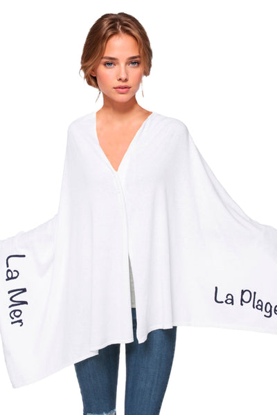 Zen Blend Poncho Sweater One Size / White-Nightfall | La Mer + La Plage Zen Blend Poncho Convertible Wrap with Embroidery