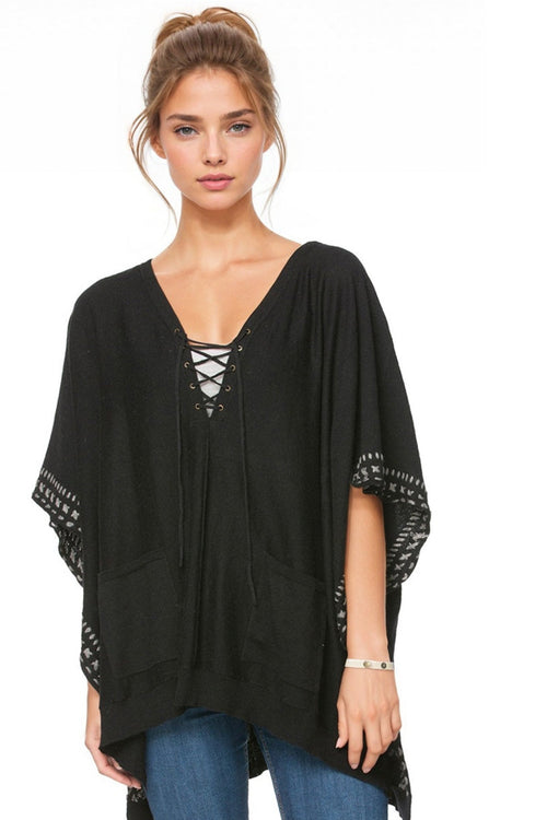 Zen Blend Sweater One Size / Black Lace Up Zen Blend Poncho in Black