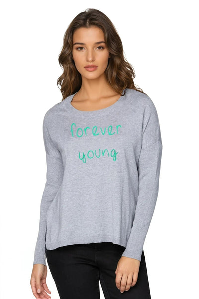 Zen Jane Drop Shoulder Crew "Forever Young" Embroidery - Subtle Luxury